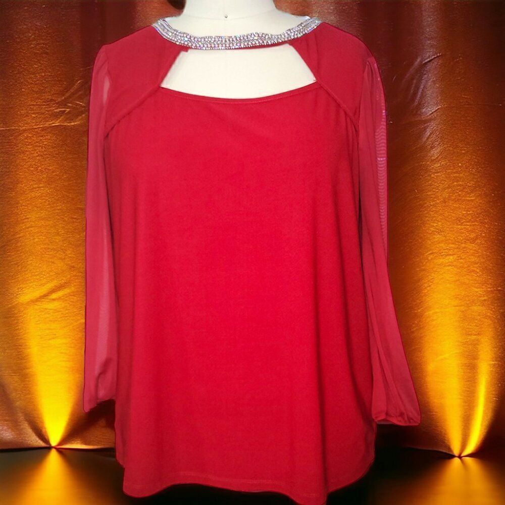 Festive red sheer sleeves crystal collar top